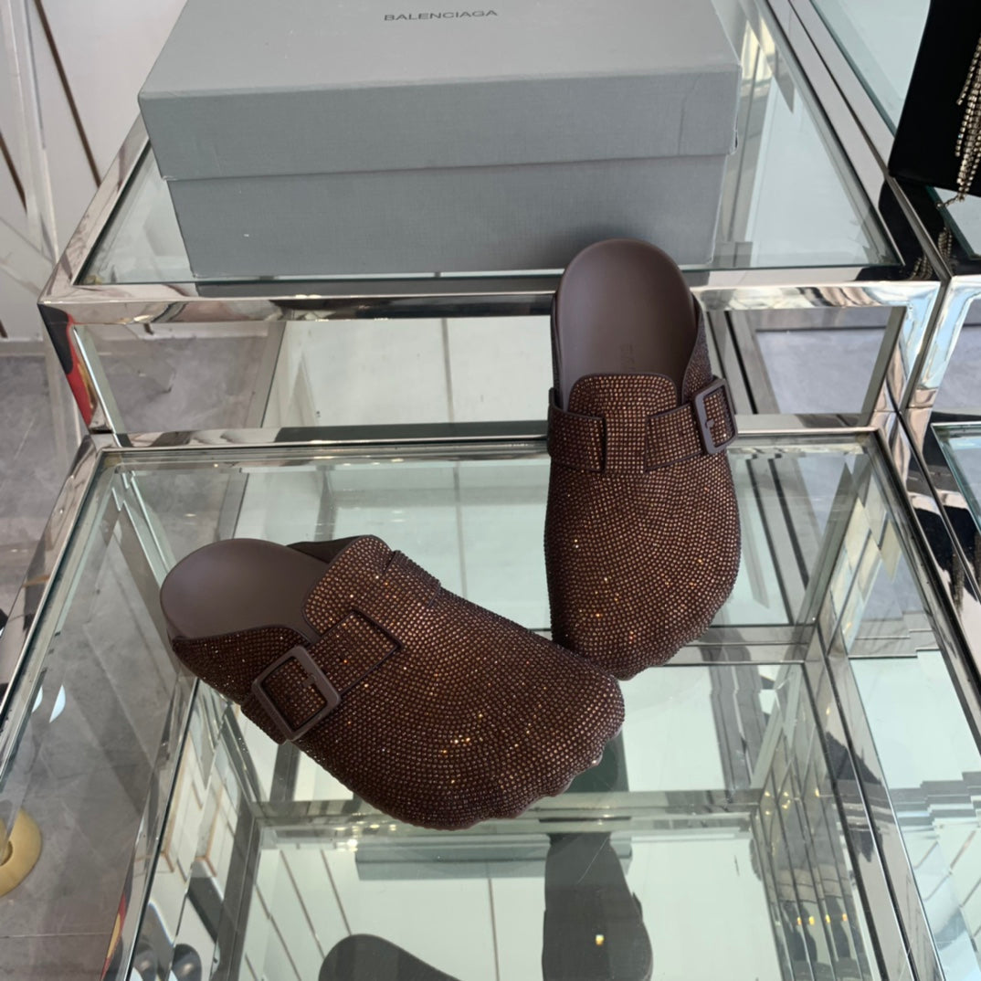 Balanciaga BIRKENSTOCK CLOG ATTACHED RHINESTONES IN BROWN CALFSKIN