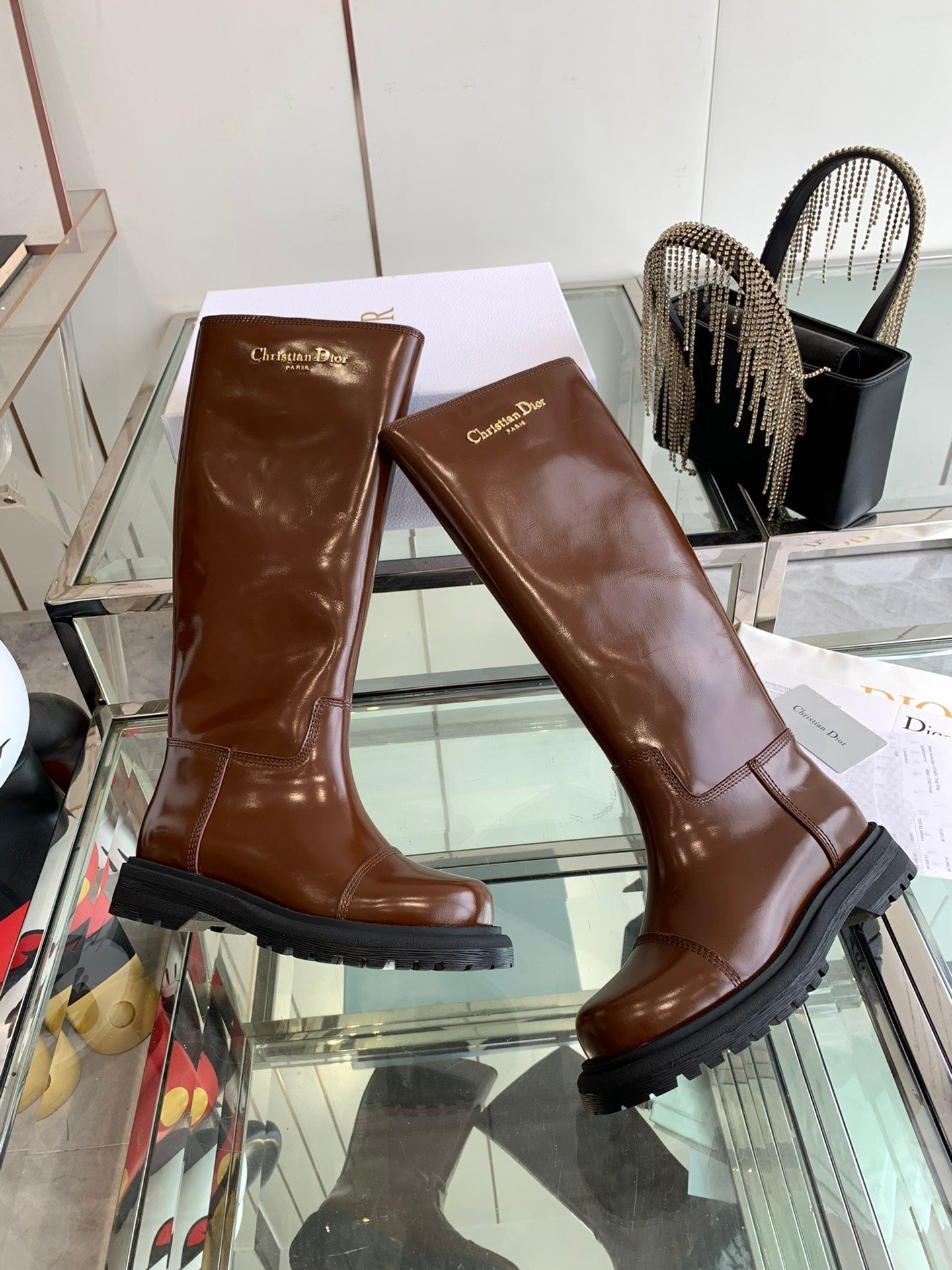 DIOR DIORebel Boot Glossy Brown Calfskin
