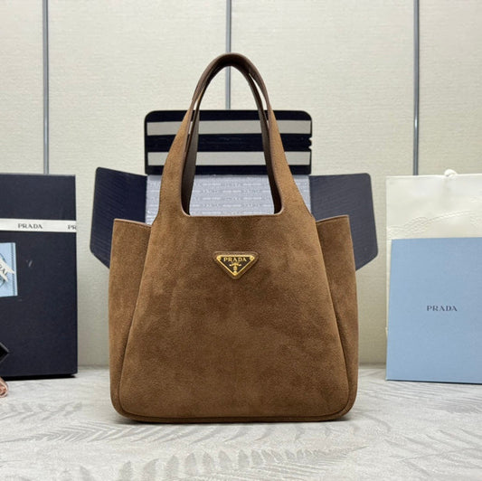 PRADA TOTE BAG 25 IN CHERRY WOOD SUEDE GOLD LOGO
