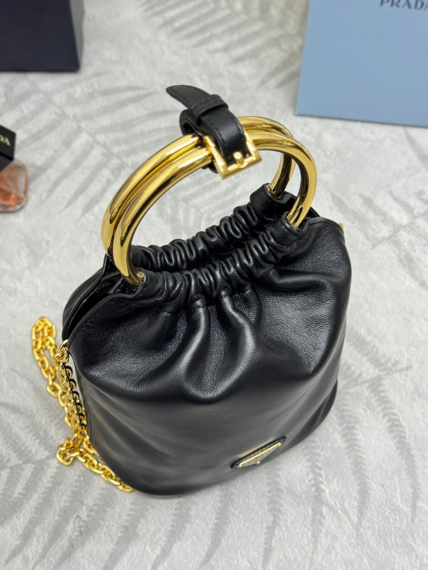 PRADA MINI BUCKET BAG 19 IN BLACK SOFT NAPPA LAMBSKIN GOLD HARDWARE