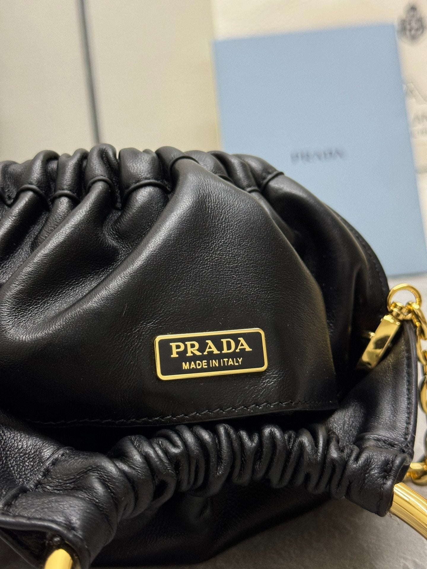 PRADA MINI BUCKET BAG 19 IN BLACK SOFT NAPPA LAMBSKIN GOLD HARDWARE