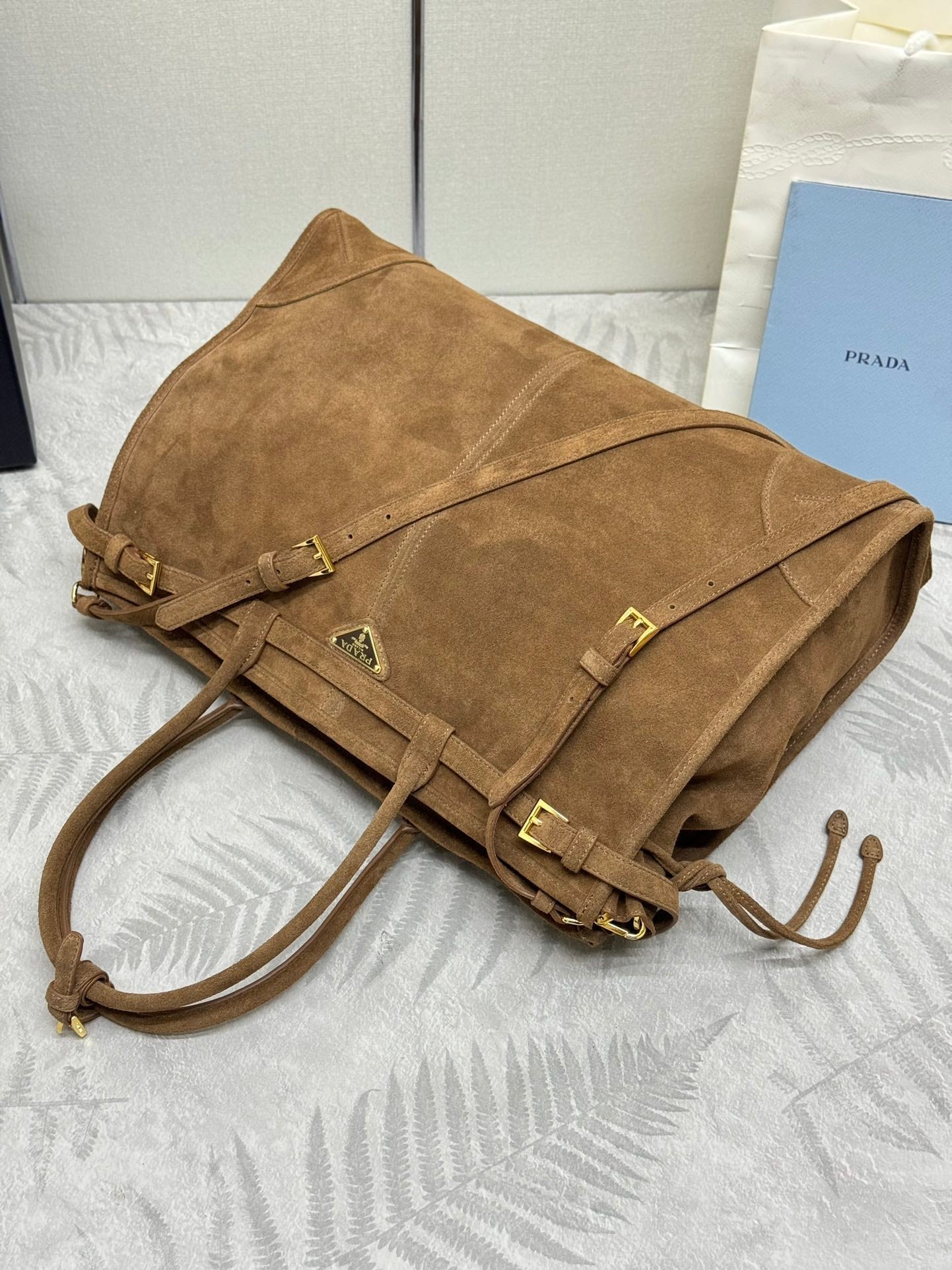 PRADA TOTE BAG WITH BELT 42 IN RUSSET BROWN SUEDE GOLD HARDWARE