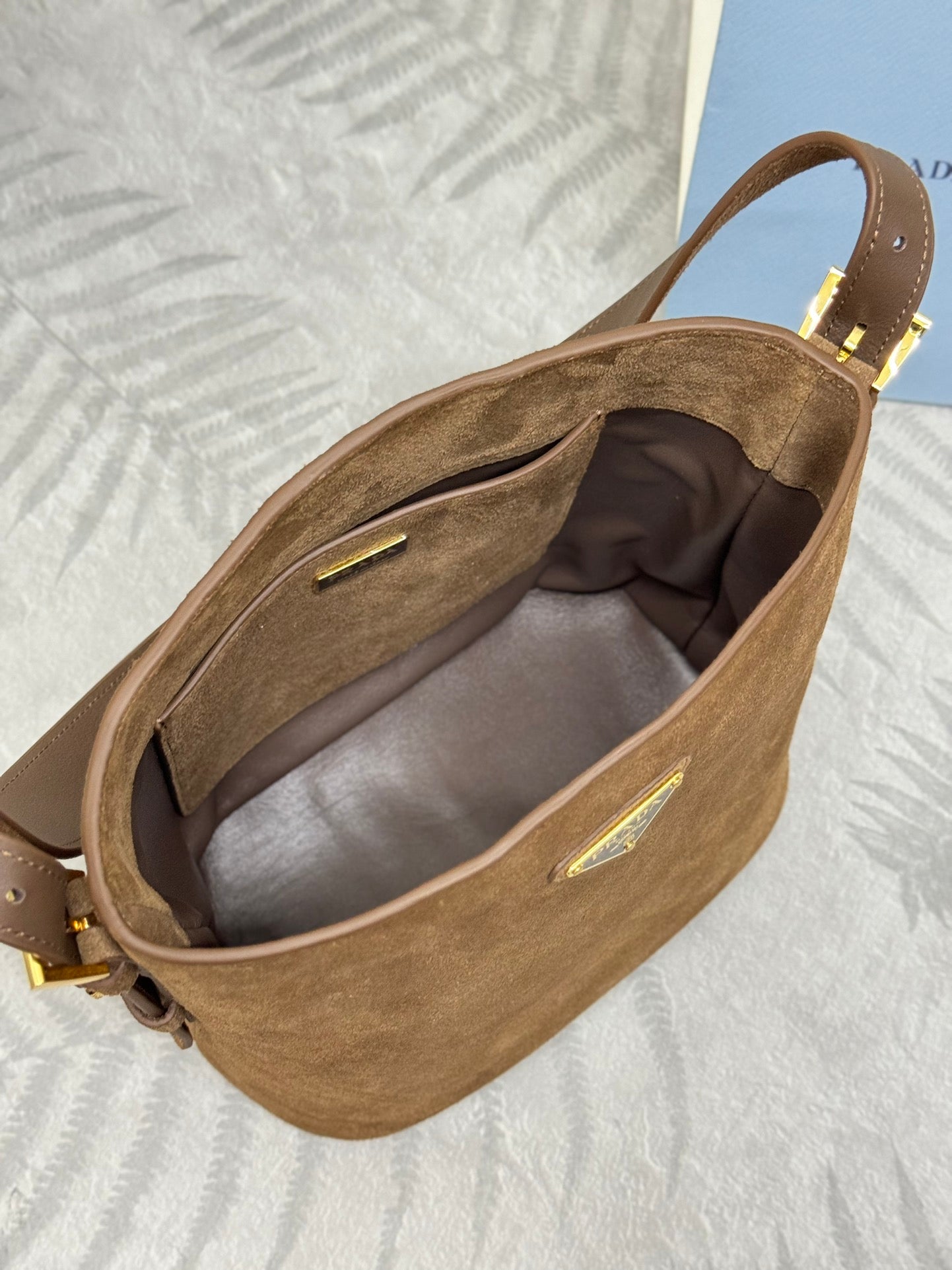 PRADA BUCKET BAG 22 IN RUSSET BROWN SOFT SUEDE