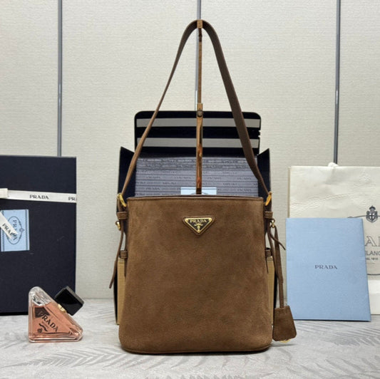 PRADA BUCKET BAG 22 IN RUSSET BROWN SOFT SUEDE
