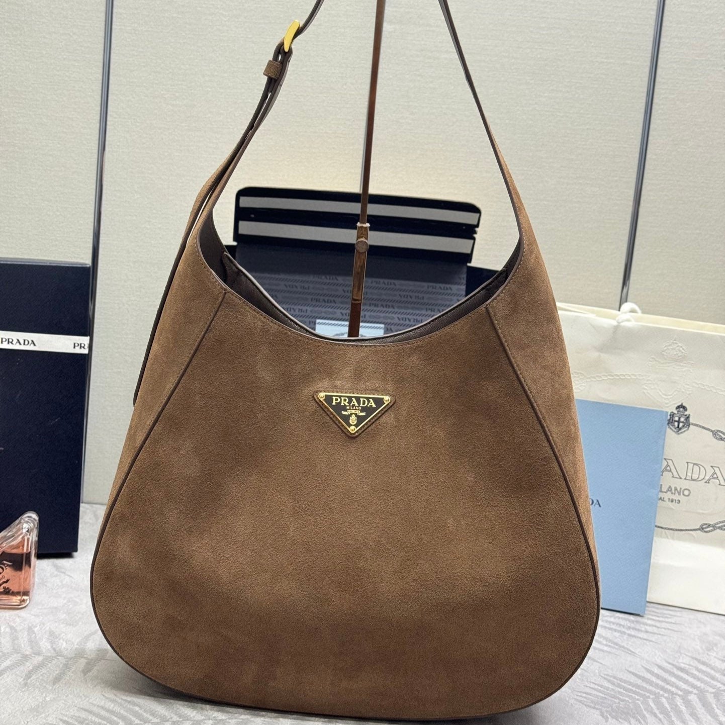 PRADA LARGE SHOULDER BAG 40 IN RUSSET BROWN SUEDE