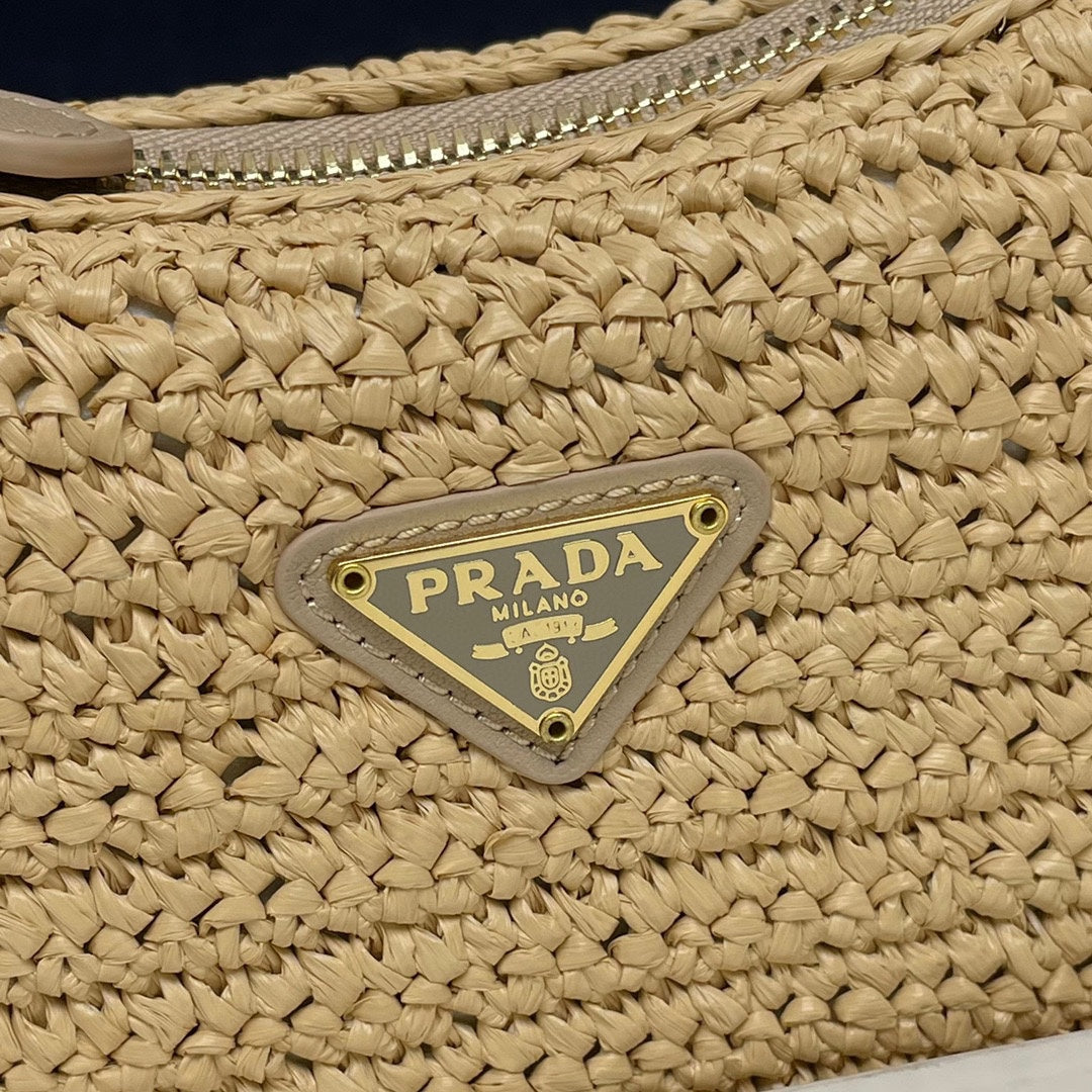 PRADA WOVEN HOBO BAG 23 IN BEIGE RAFFIA GOLD HARDWARE TRIANGLE LOGO