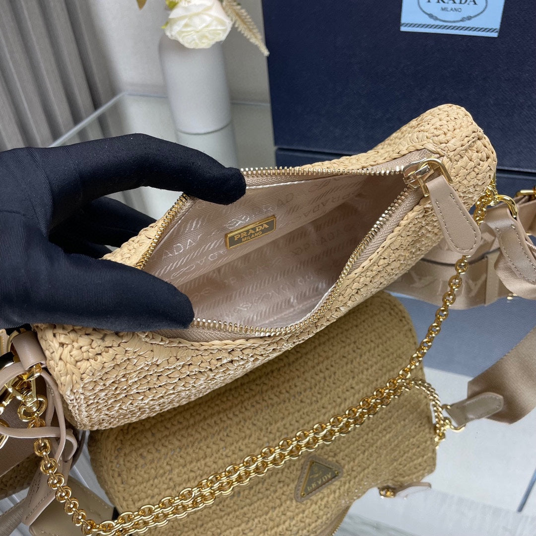 PRADA WOVEN HOBO BAG 23 IN BEIGE RAFFIA GOLD HARDWARE TRIANGLE LOGO