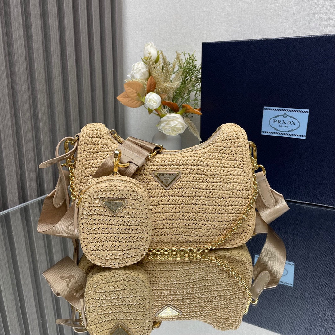 PRADA WOVEN HOBO BAG 23 IN BEIGE RAFFIA GOLD HARDWARE TRIANGLE LOGO