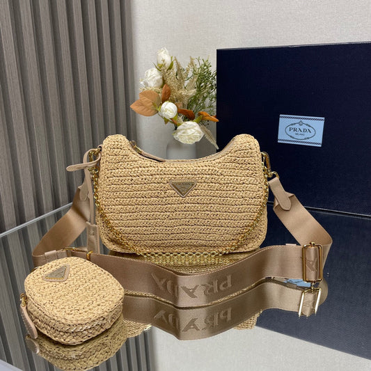 PRADA WOVEN HOBO BAG 23 IN BEIGE RAFFIA GOLD HARDWARE TRIANGLE LOGO