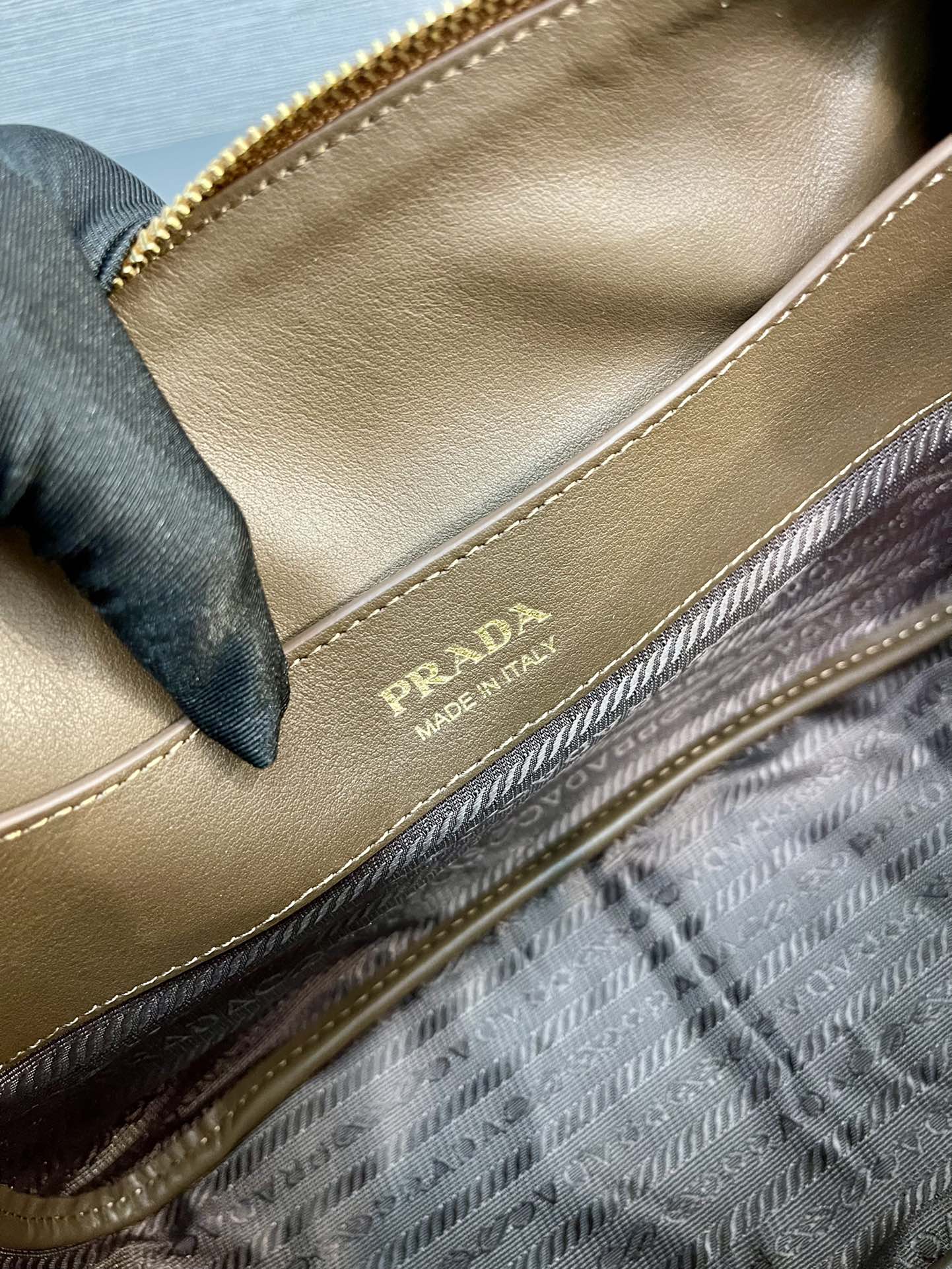 PRADA SHOULDER BAG 28 IN TAWNY BROWN SUEDE GOLD LOGO