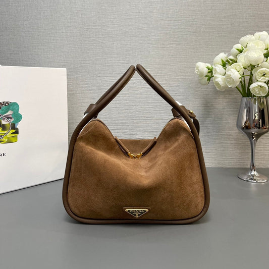 PRADA BOWLING BAG 25 IN ASH BROWN SUEDE AND CALFSKIN TRIM GOLD LOGO