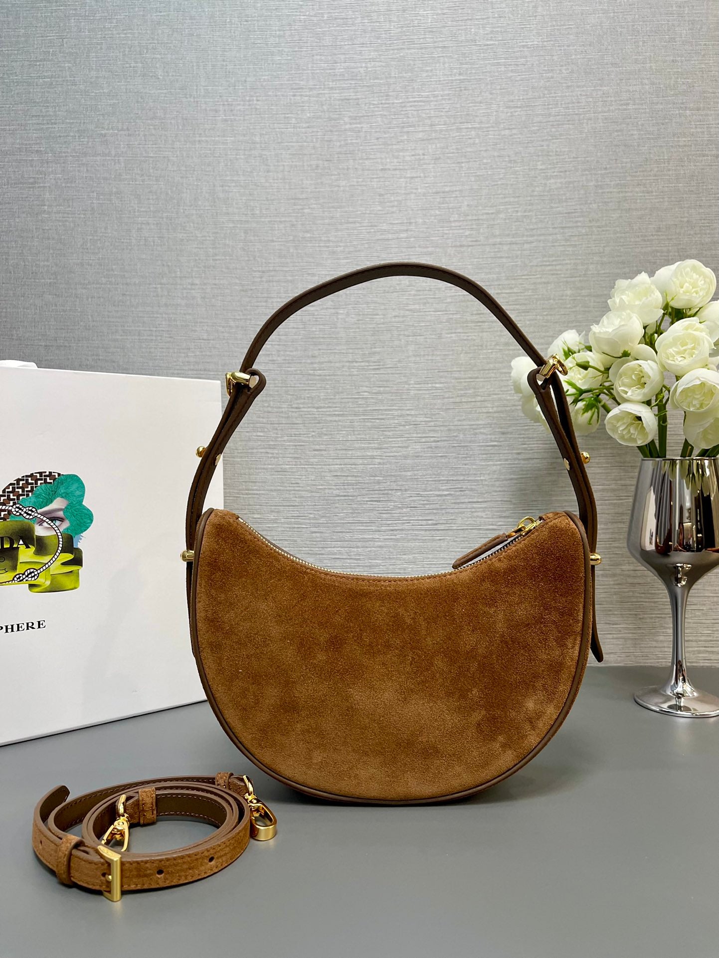 PRADA MOON HANDBAG 22 IN RUSSET BROWN SUEDE