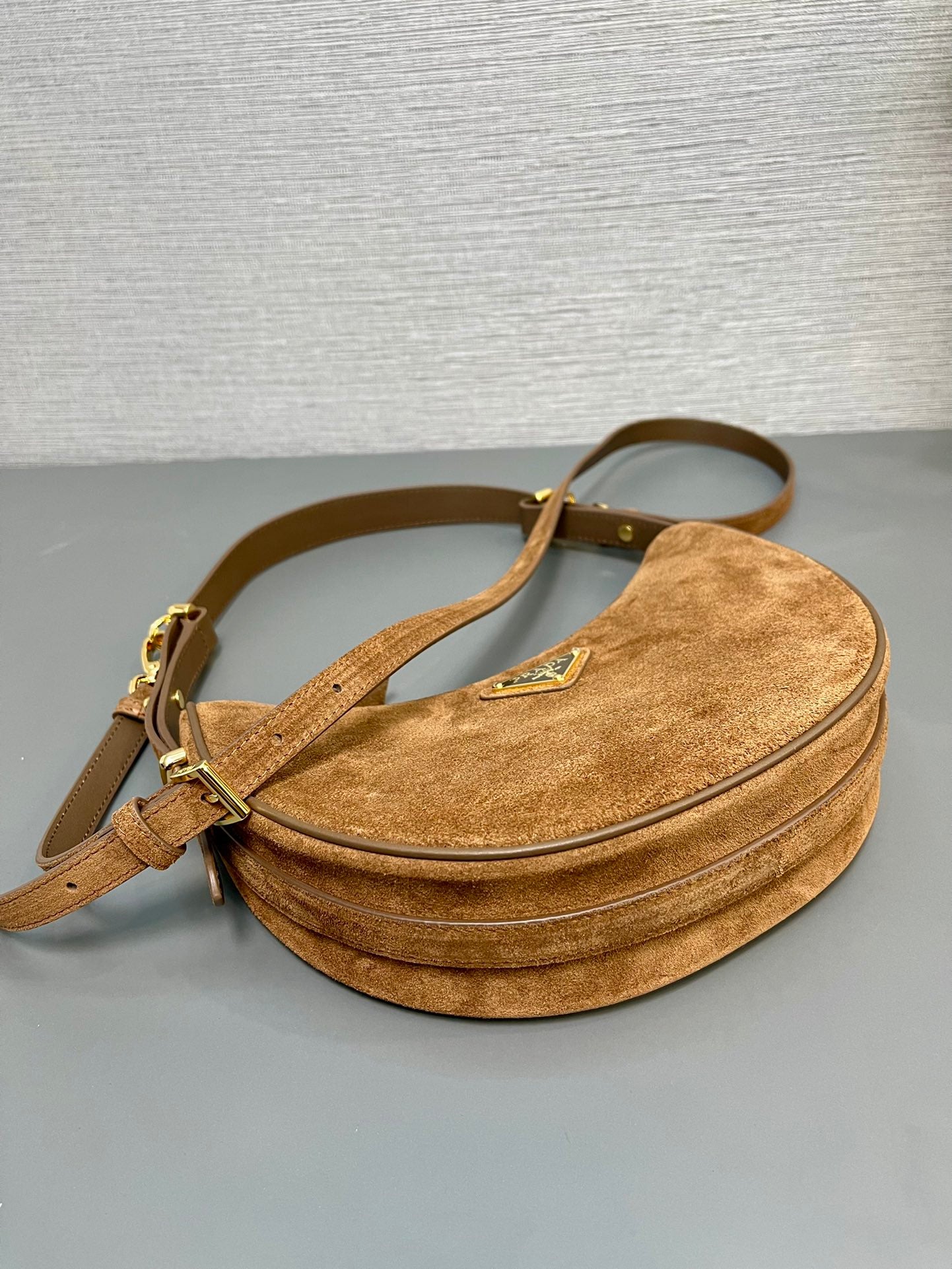 PRADA MOON HANDBAG 22 IN RUSSET BROWN SUEDE