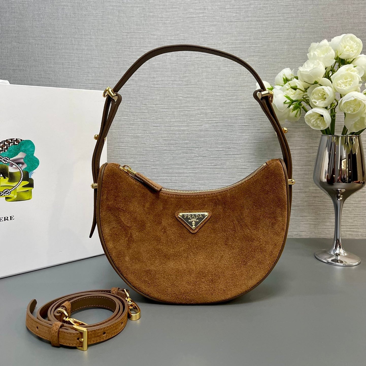 PRADA MOON HANDBAG 22 IN RUSSET BROWN SUEDE