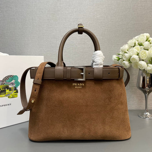 PRADA SMALL TOTE BAG WITH BELT 32 IN RUSSET BROWN SUEDE