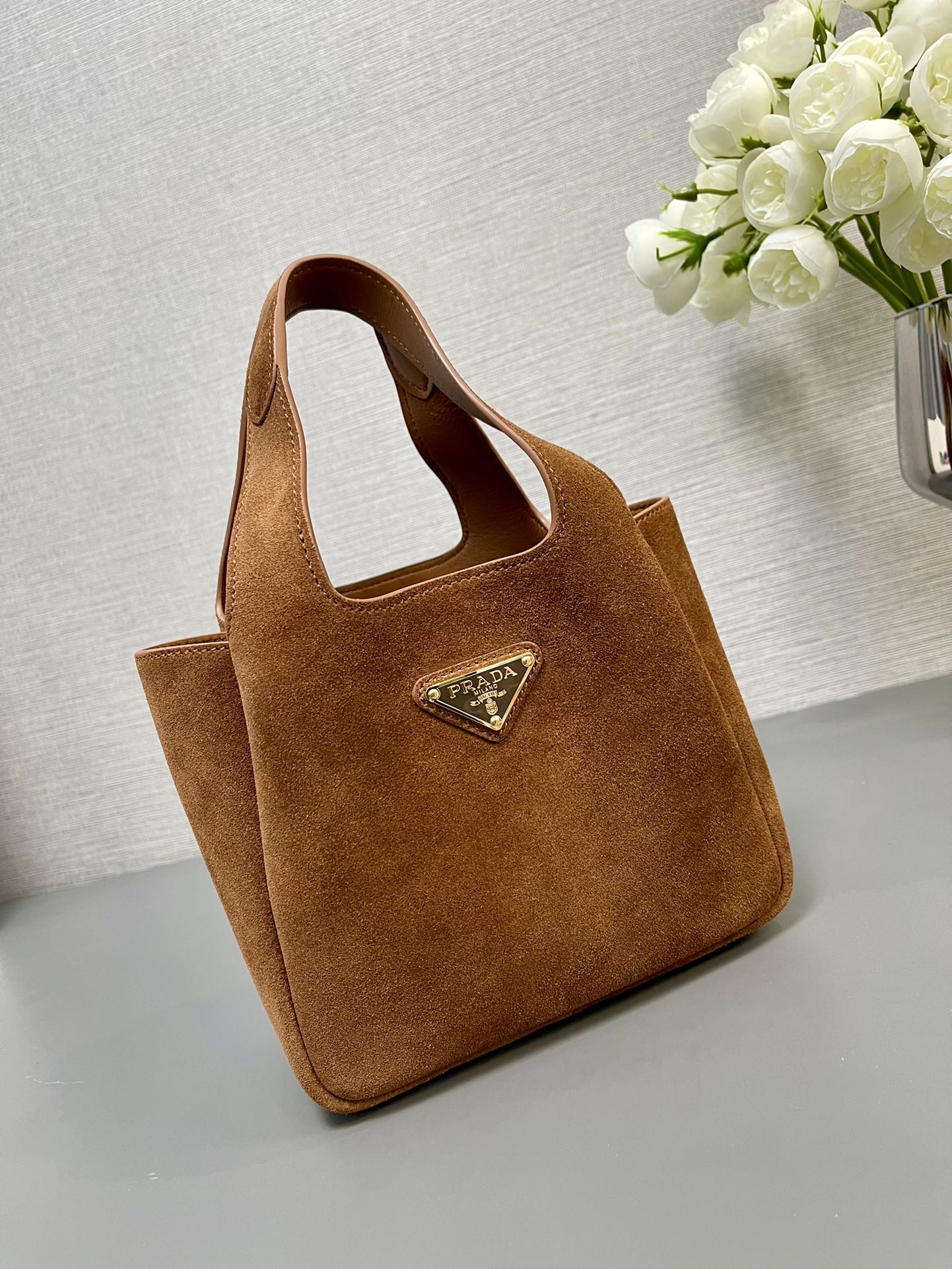 PRADA MINI TOTE BAG 18 IN RED BROWN SUEDE GOLD LOGO