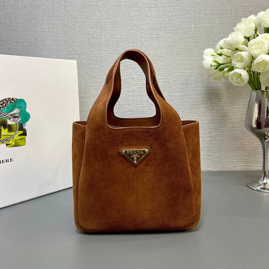 PRADA MINI TOTE BAG 18 IN RED BROWN SUEDE GOLD LOGO