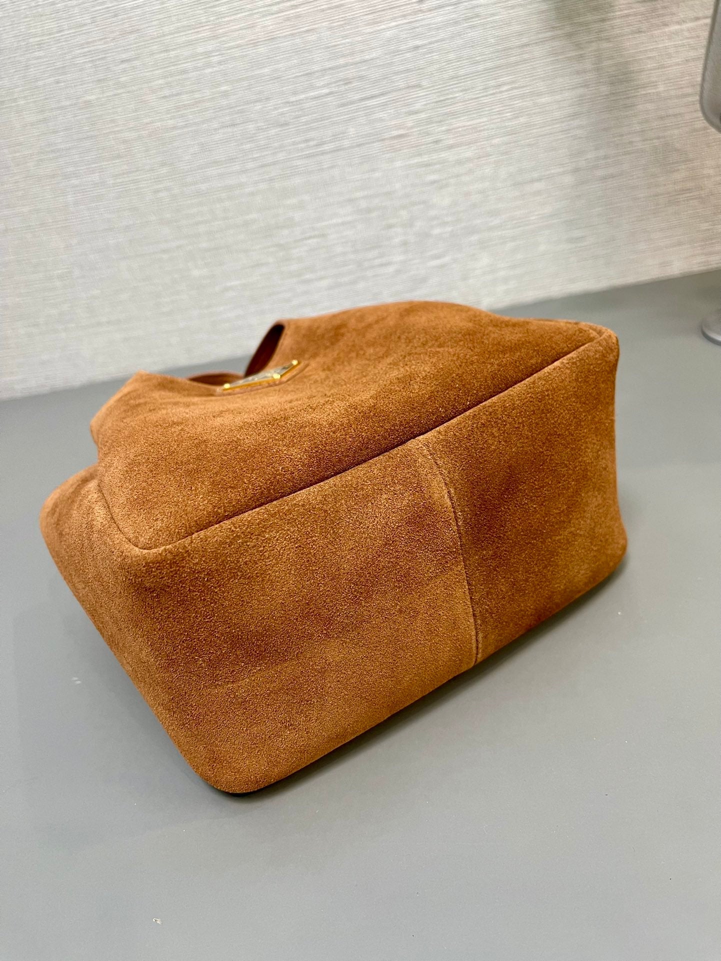 PRADA MINI TOTE BAG 18 IN RED BROWN SUEDE GOLD LOGO