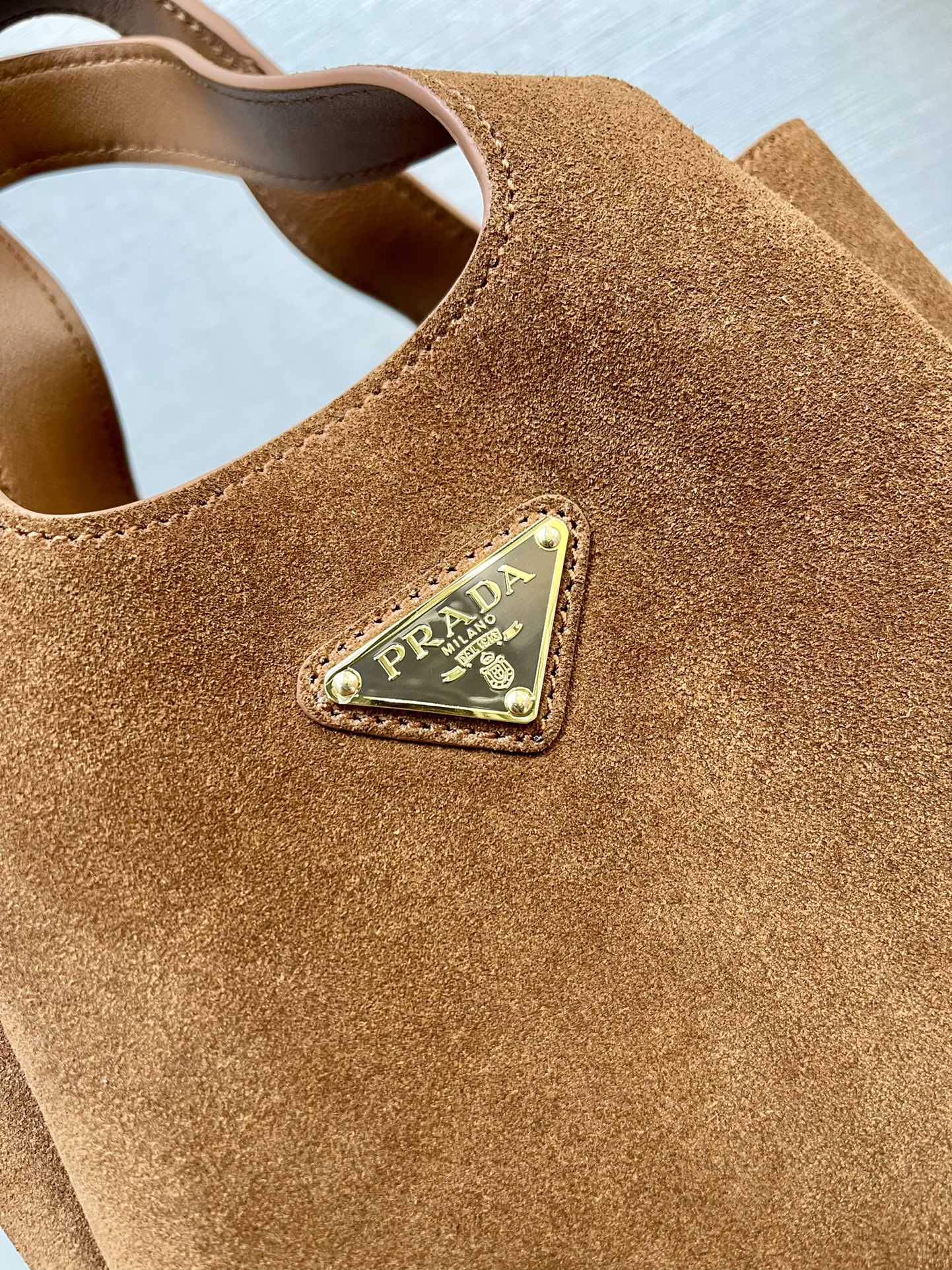 PRADA MINI TOTE BAG 18 IN RED BROWN SUEDE GOLD LOGO