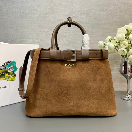 PRADA MEDIUM TOTE BAG WITH BELT 35 IN RUSSET BROWN SUEDE