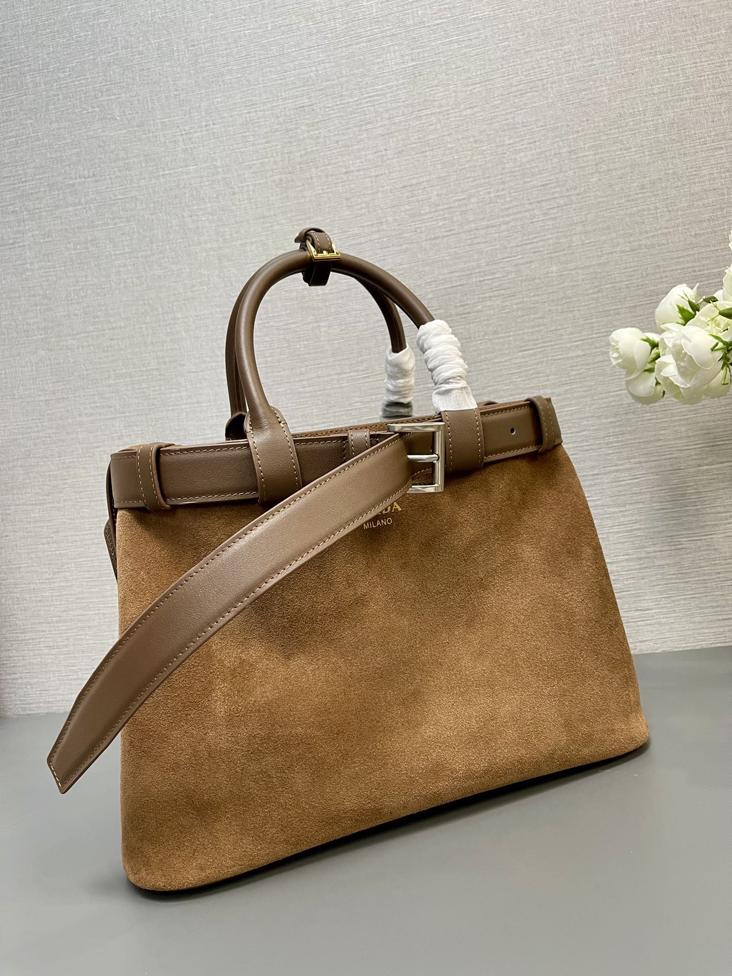 PRADA MEDIUM TOTE BAG WITH BELT 35 IN RUSSET BROWN SUEDE