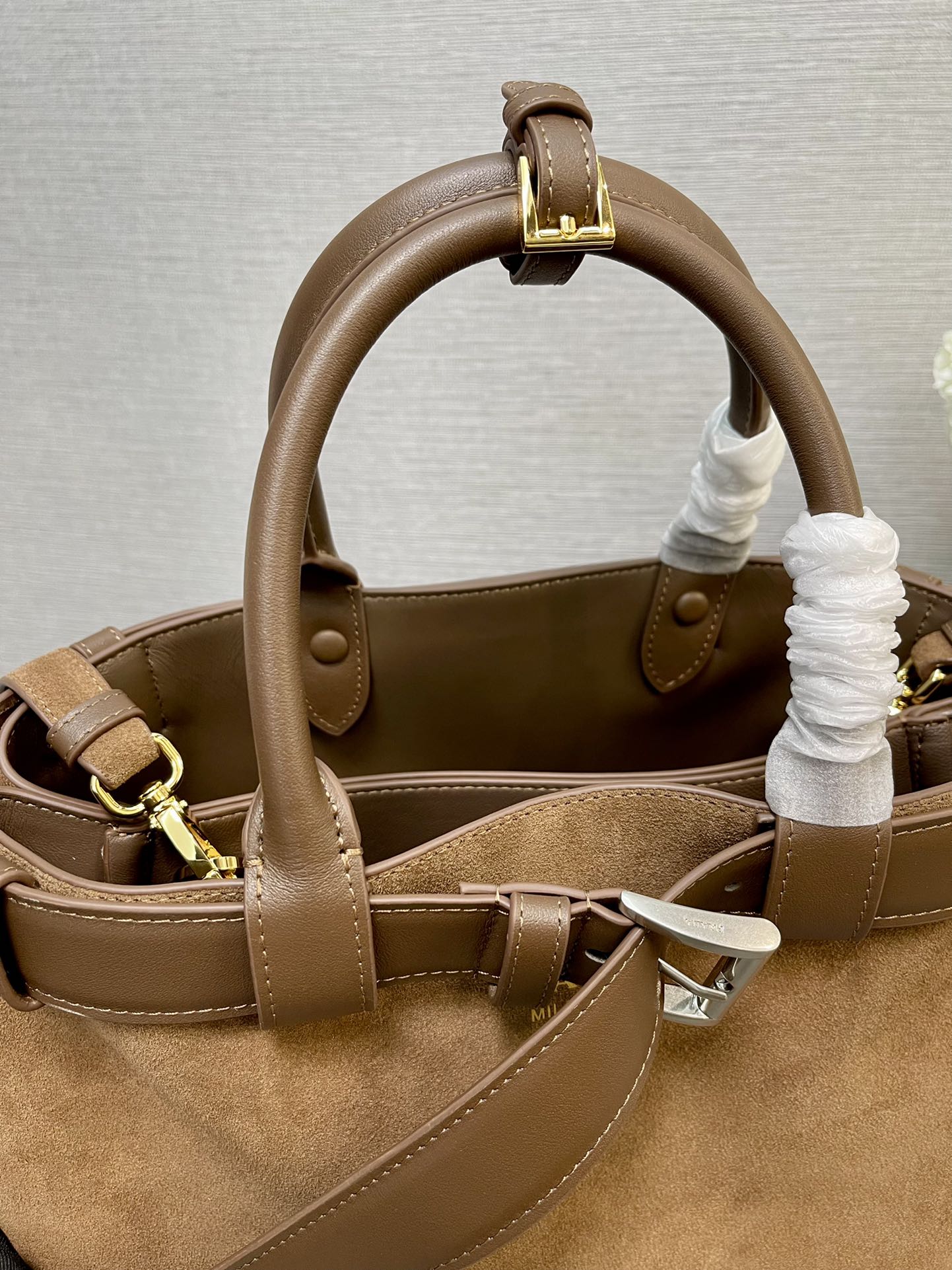 PRADA MEDIUM TOTE BAG WITH BELT 35 IN RUSSET BROWN SUEDE