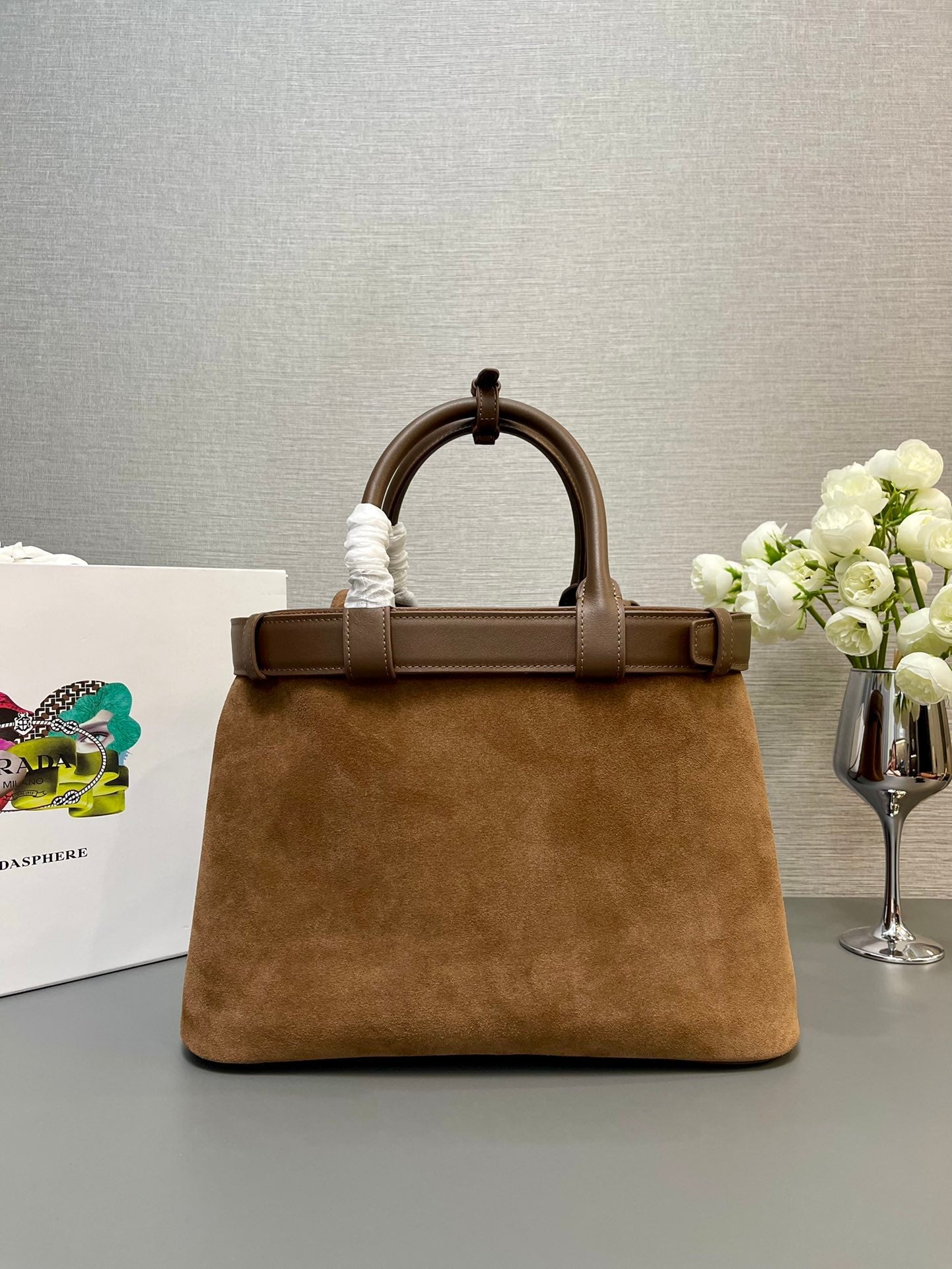 PRADA MEDIUM TOTE BAG WITH BELT 35 IN RUSSET BROWN SUEDE