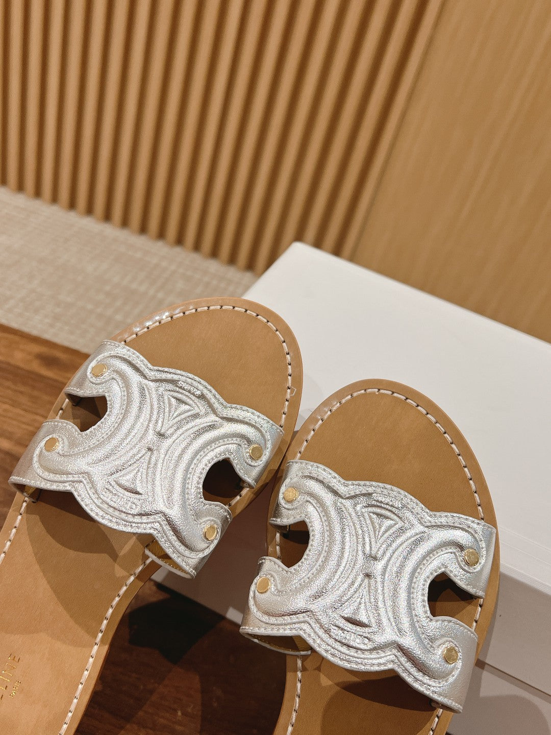 Celine mule triomphe silver brown metalic calfskin