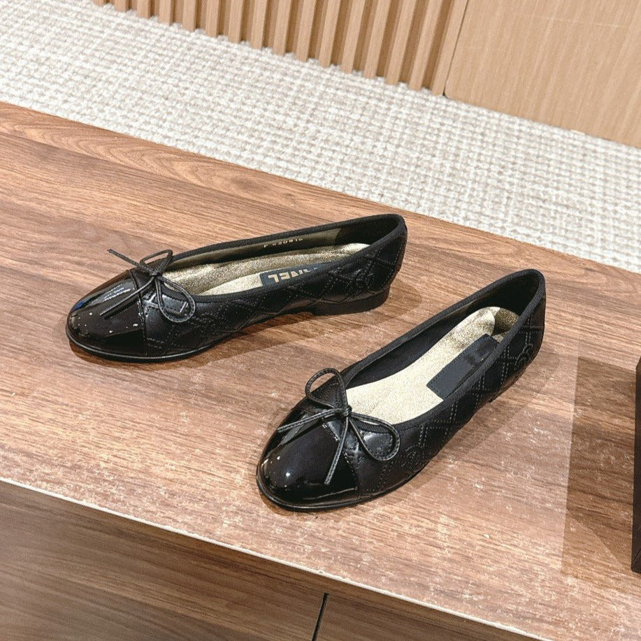 CHANEL ballet flat black quilted lambskin patent calfkin toe
