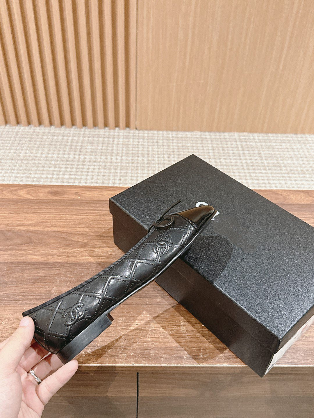 CHANEL ballet flat black quilted lambskin patent calfkin toe