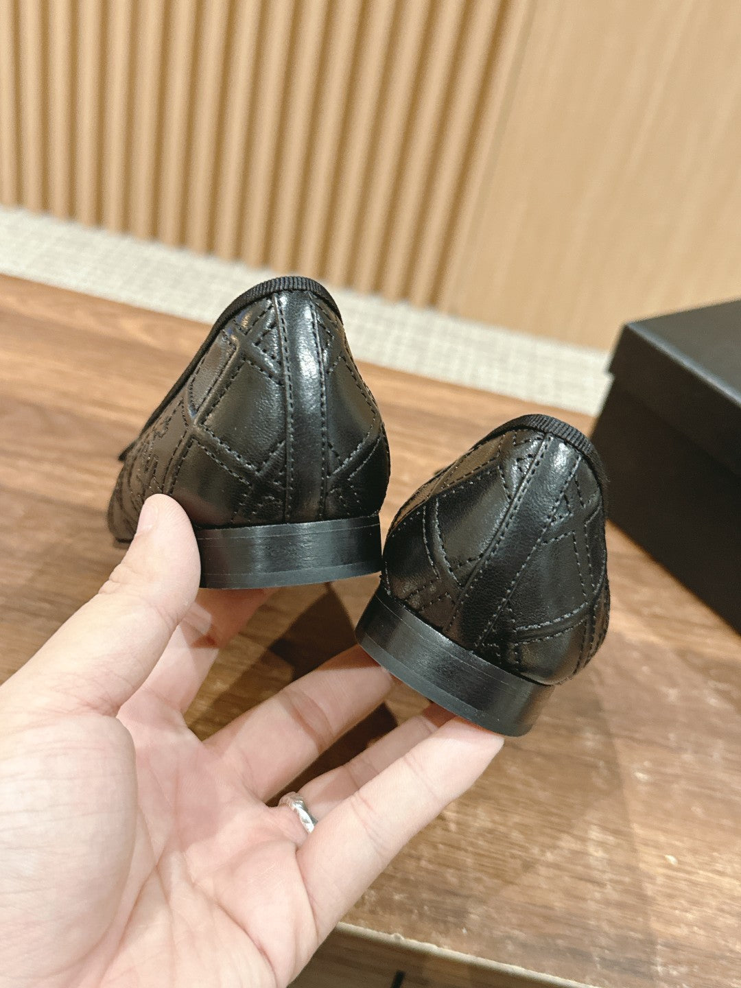 CHANEL ballet flat black quilted lambskin patent calfkin toe
