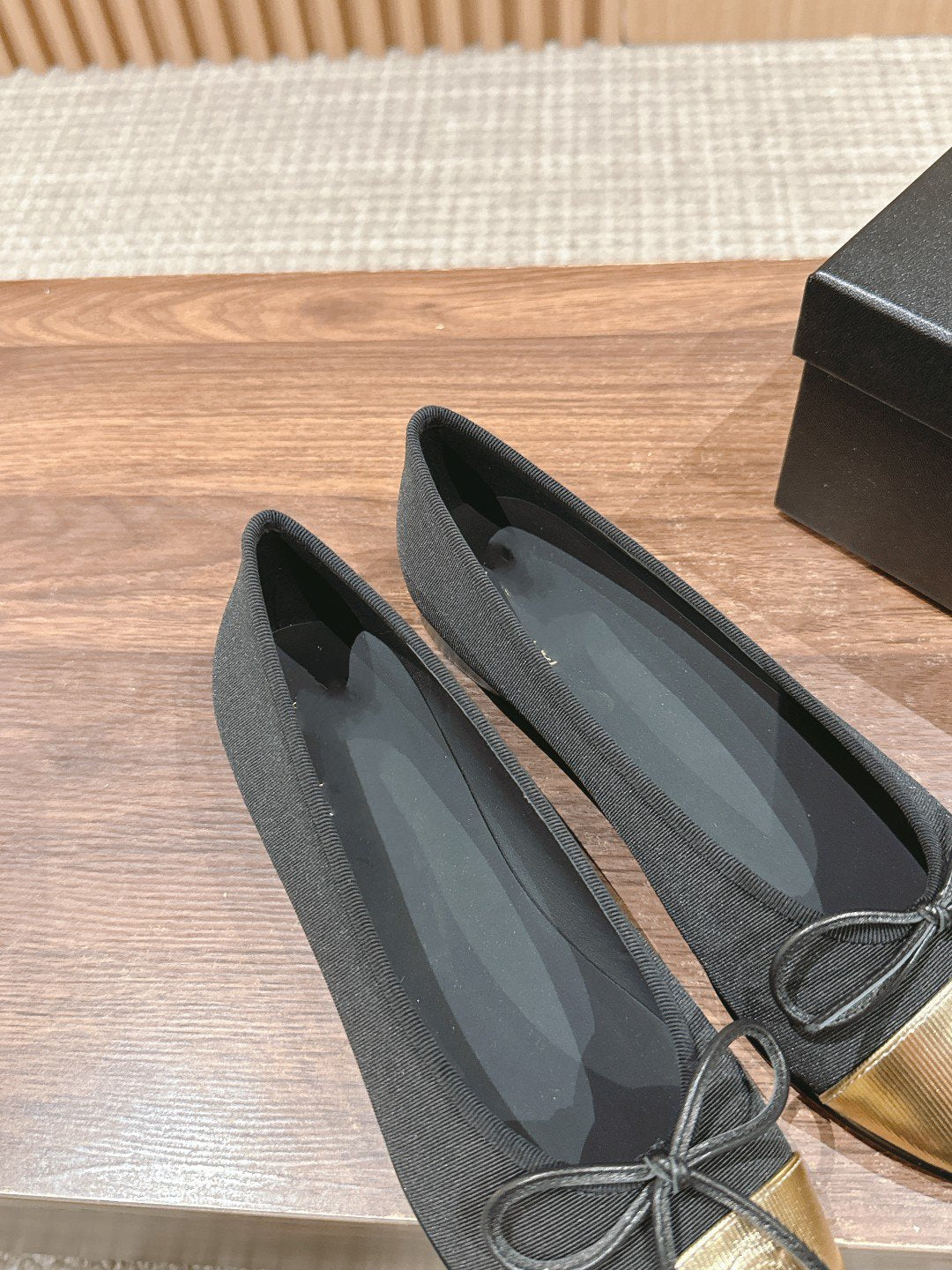 CHANEL ballet flat black grosgrain gold metalic lambskin