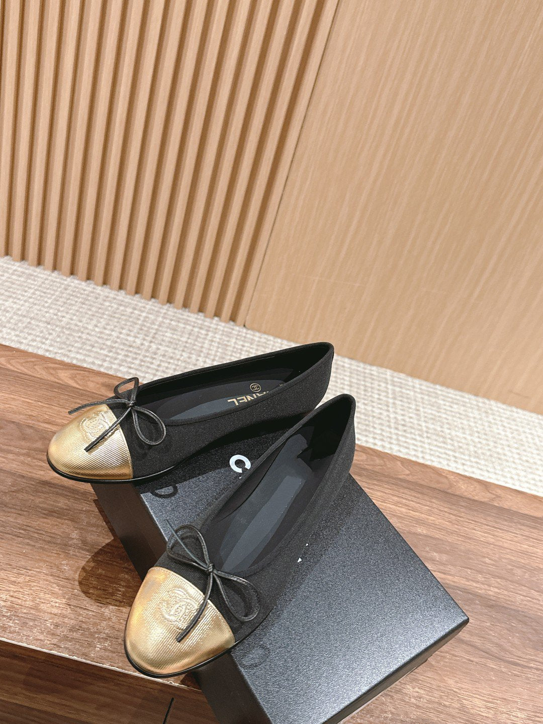 CHANEL ballet flat black grosgrain gold metalic lambskin