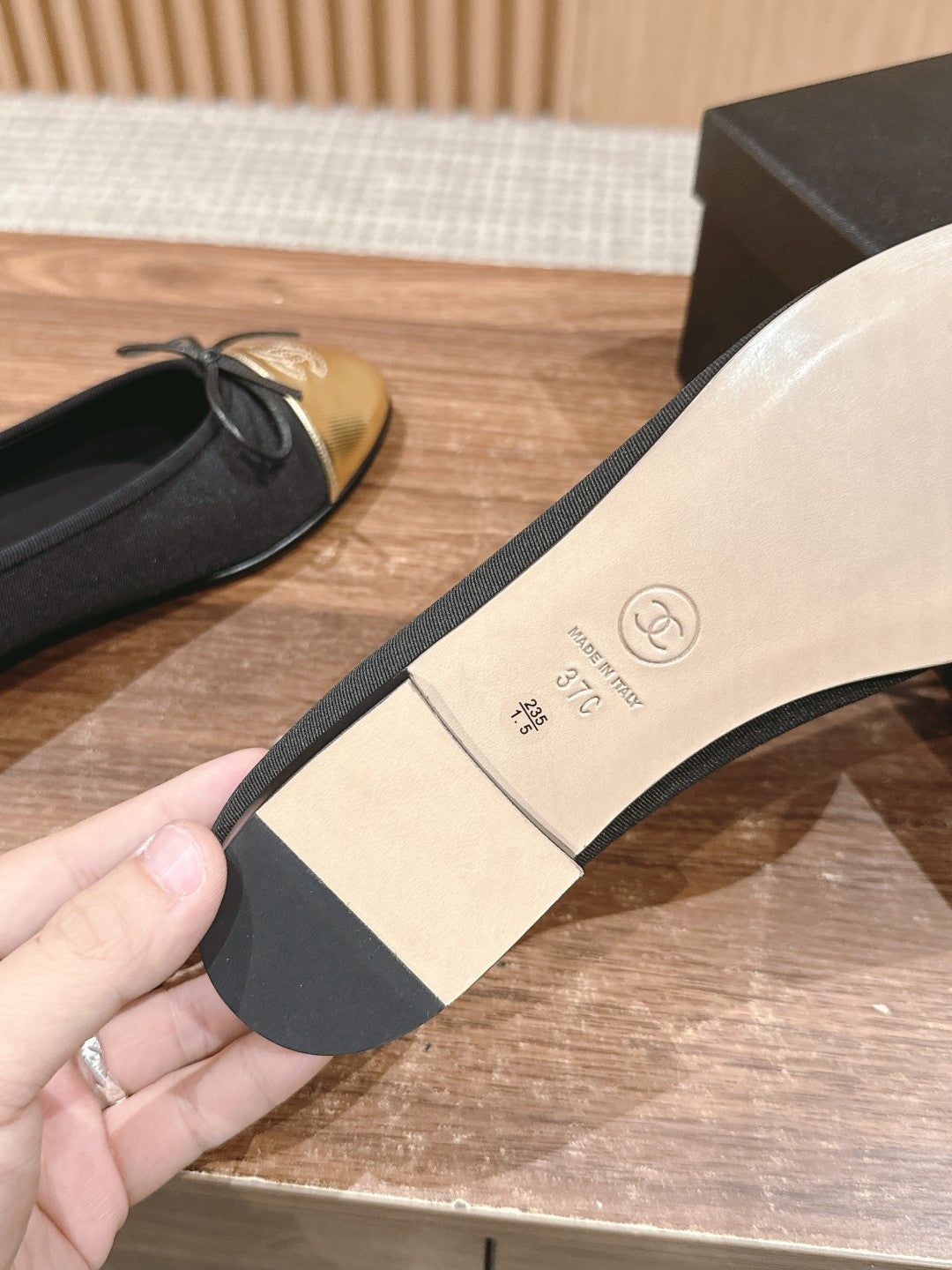 CHANEL ballet flat black grosgrain gold metalic lambskin