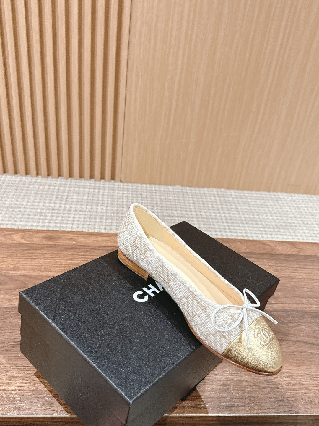 CHANEL ballet flat grey textile gold metalic lambskin