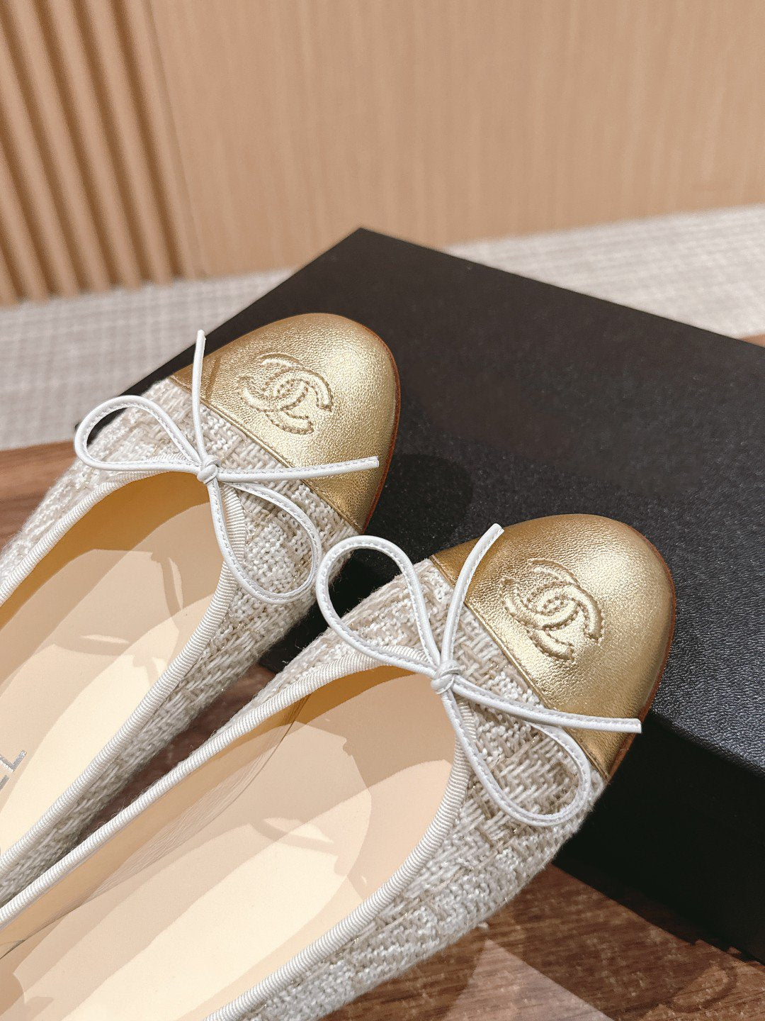 CHANEL ballet flat grey textile gold metalic lambskin