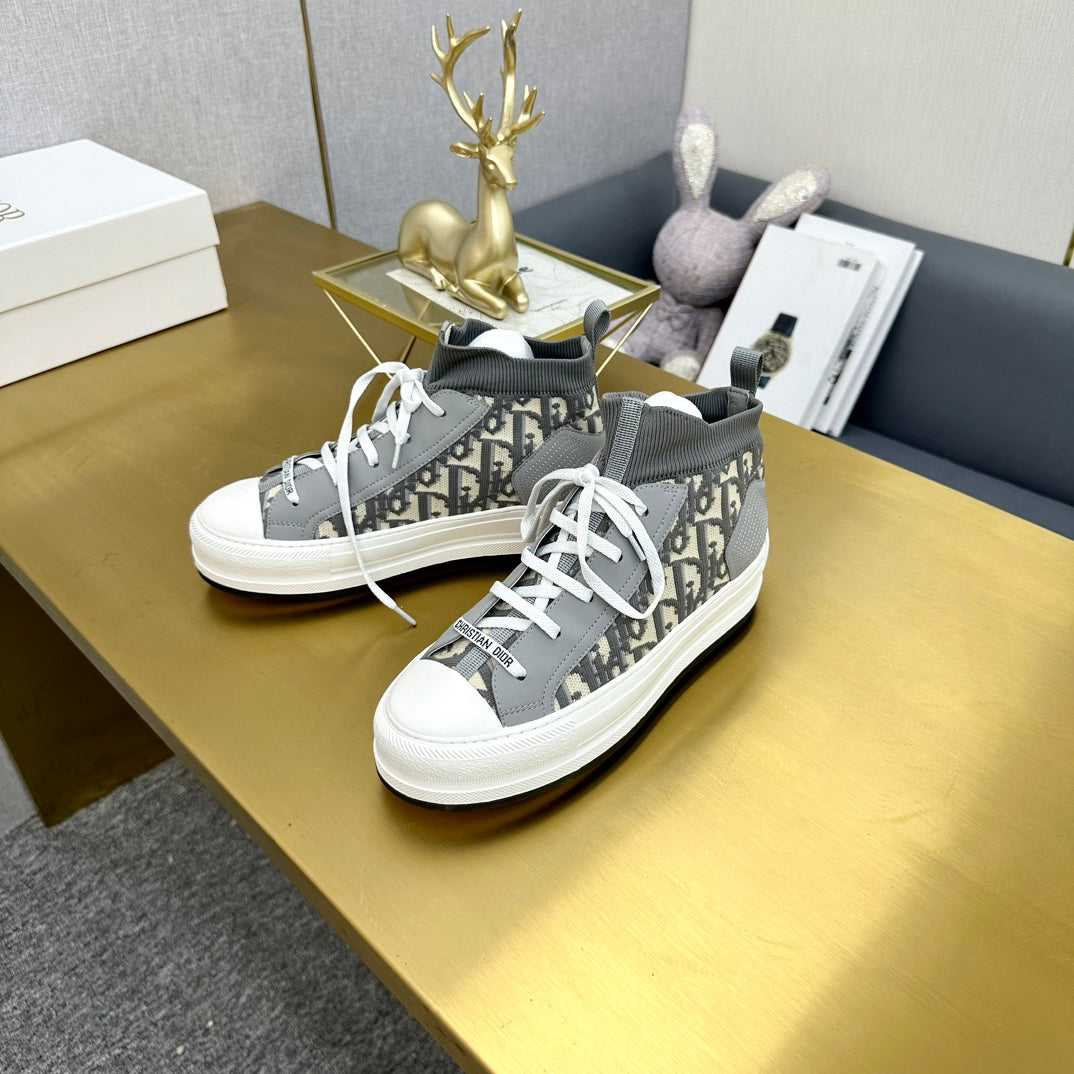 DIOR Walk'n' DIOR Sneaker In Grey Mix Beige Monogram Wool And Cowhide 111929