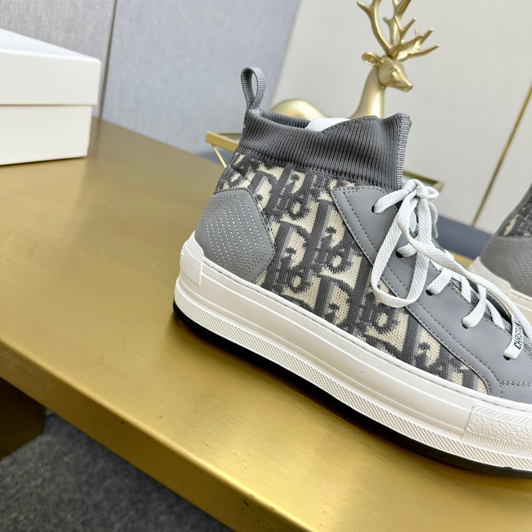 DIOR Walk'n' DIOR Sneaker In Grey Mix Beige Monogram Wool And Cowhide 111929