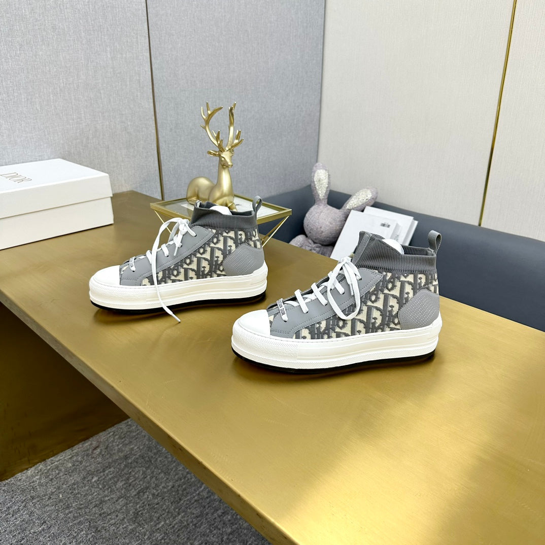 DIOR Walk'n' DIOR Sneaker In Grey Mix Beige Monogram Wool And Cowhide 111929