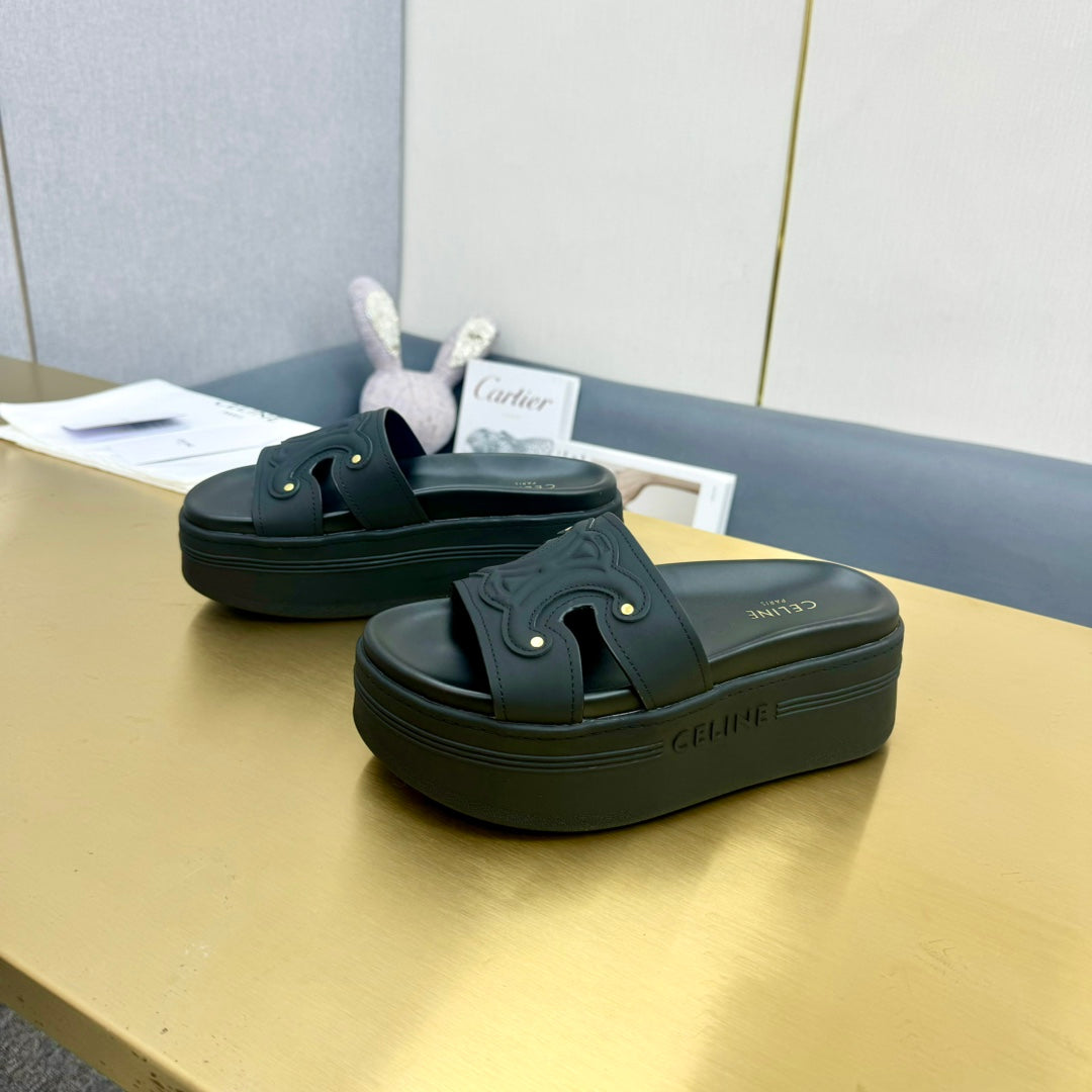 Celine Celine Platform Slide Black Leather 238139