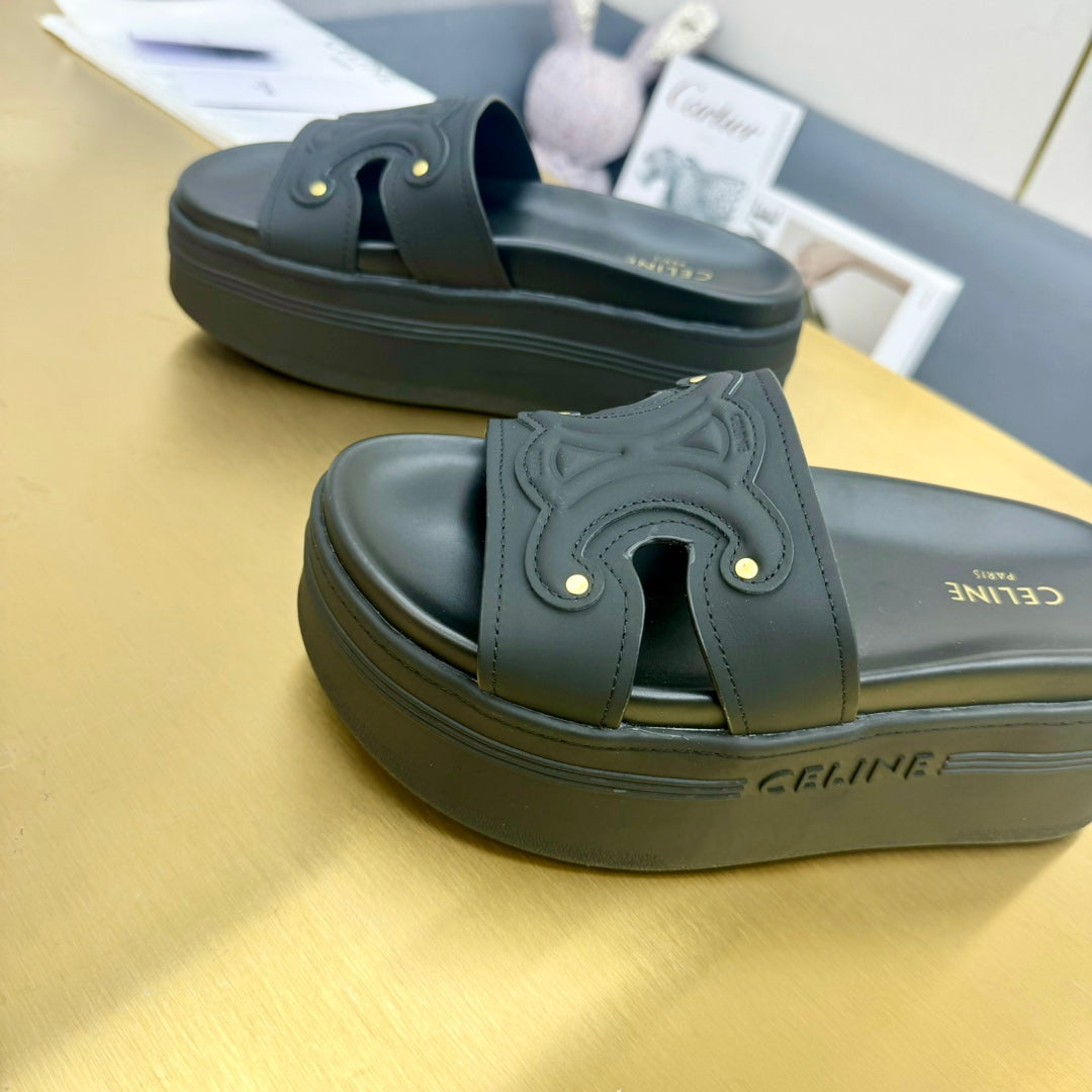 Celine Celine Platform Slide Black Leather 238139