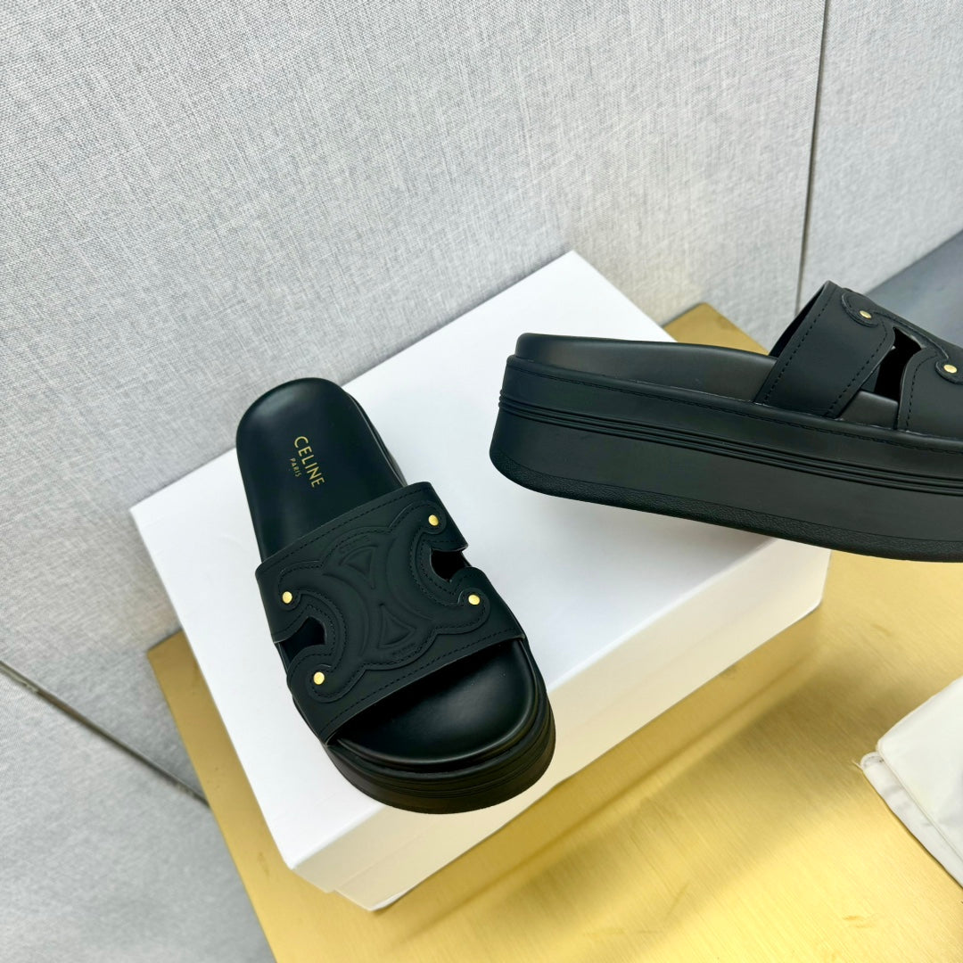 Celine Celine Platform Slide Black Leather 238139