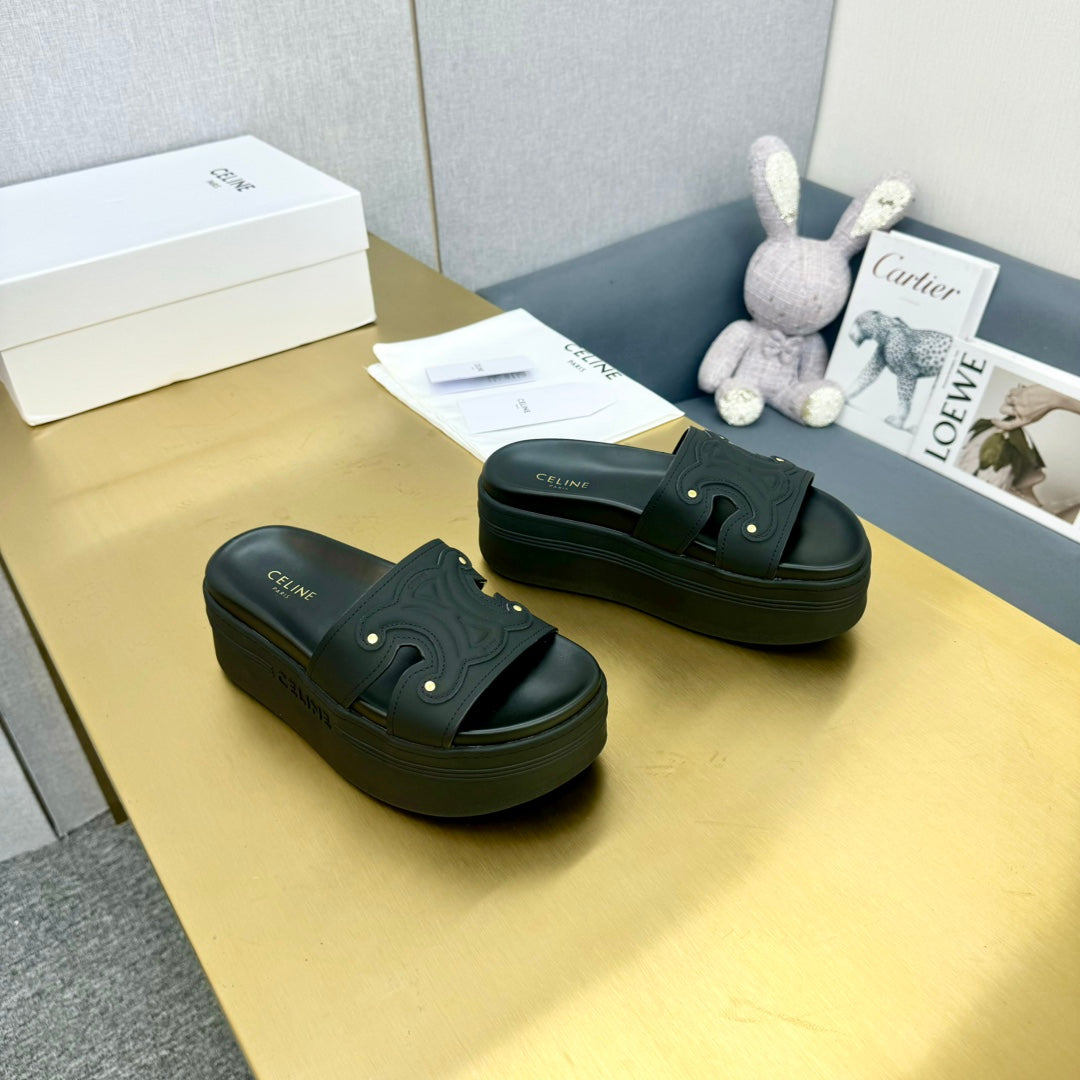 Celine Celine Platform Slide Black Leather 238139