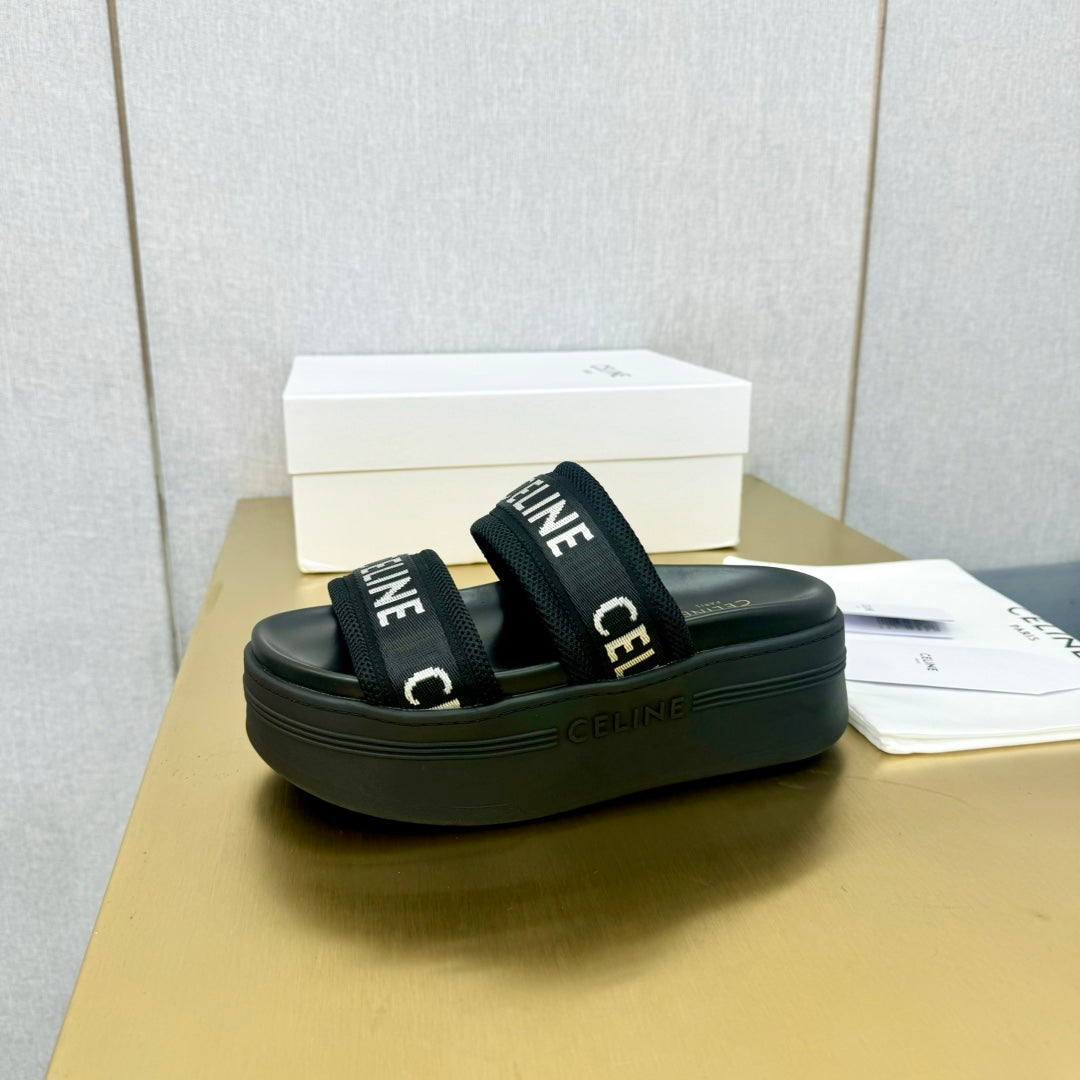 Celine Celine Flatform Dad Sandal Mule Black Fabric with Rubber 238142