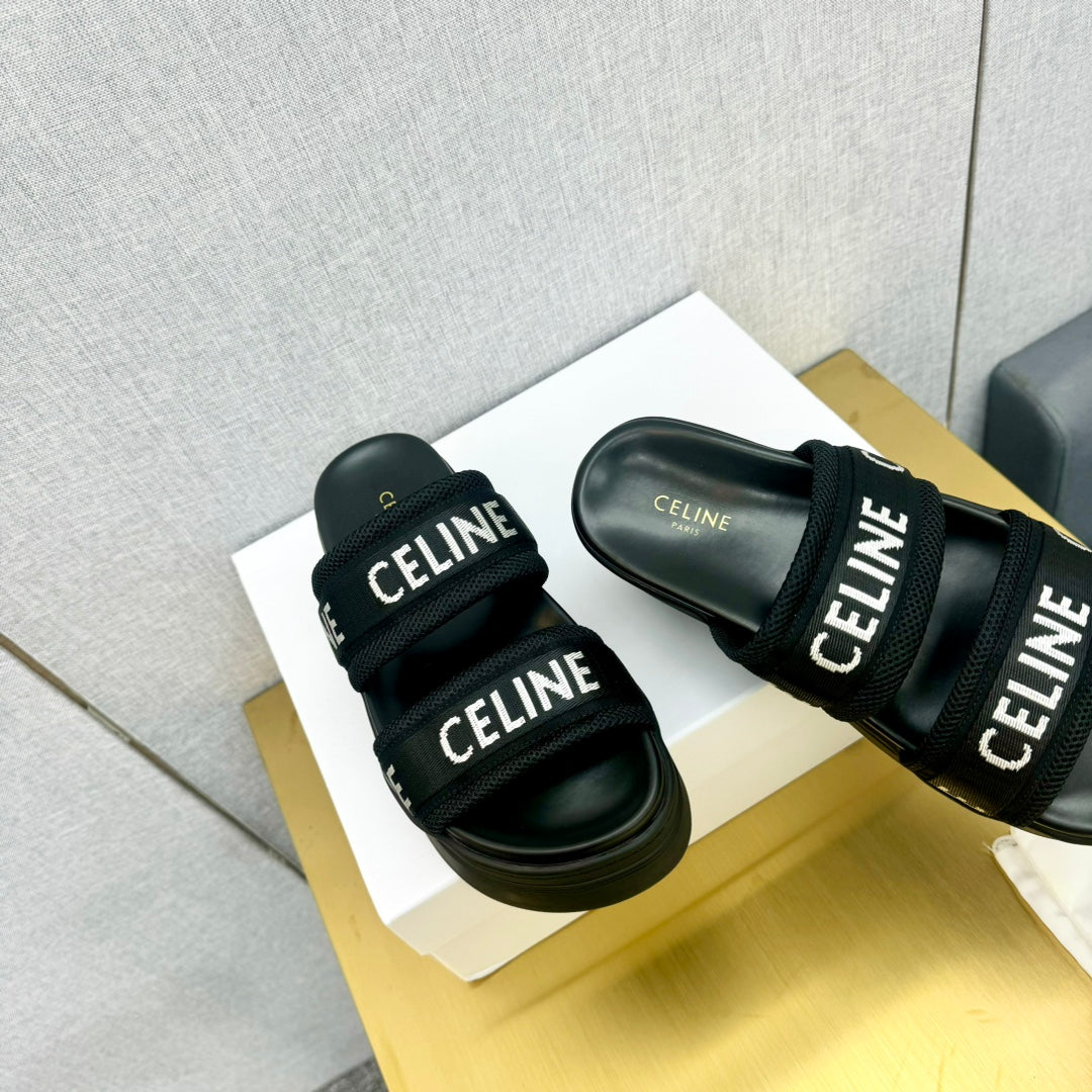 Celine Celine Flatform Dad Sandal Mule Black Fabric with Rubber 238142