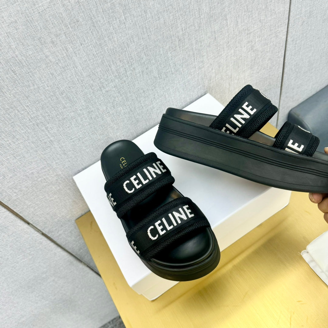 Celine Celine Flatform Dad Sandal Mule Black Fabric with Rubber 238142