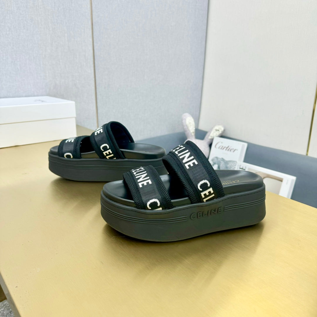 Celine Celine Flatform Dad Sandal Mule Black Fabric with Rubber 238142