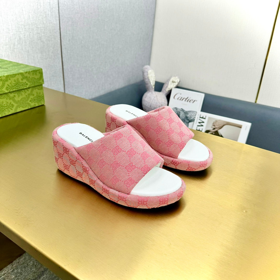 Balanciaga WEDGE SANDALS IN PINK MONOGRAM JACQUARD FABRIC