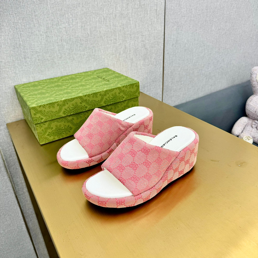 Balanciaga WEDGE SANDALS IN PINK MONOGRAM JACQUARD FABRIC