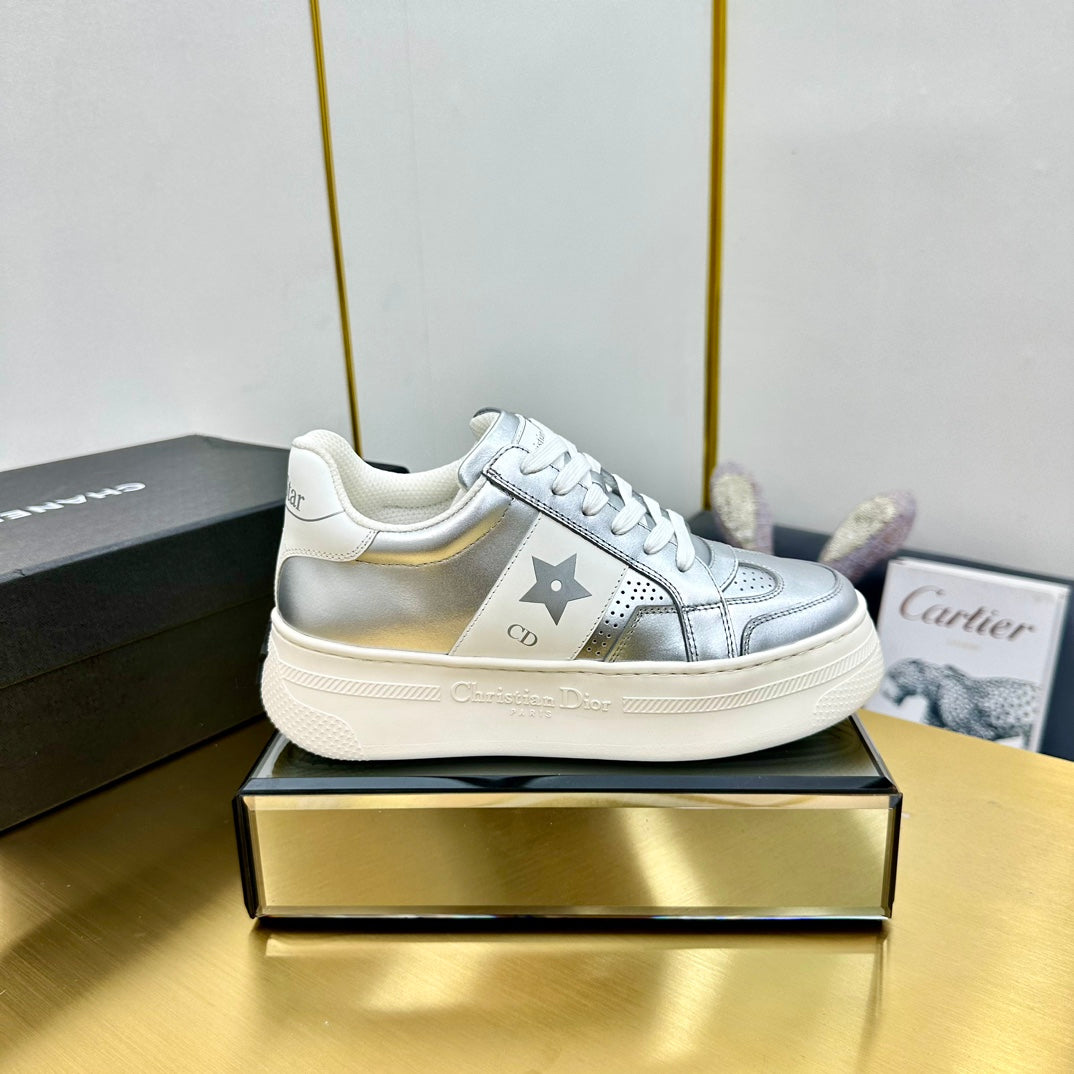 DIOR Star Platform Sneaker In Silver Mix White Calfskin 111090